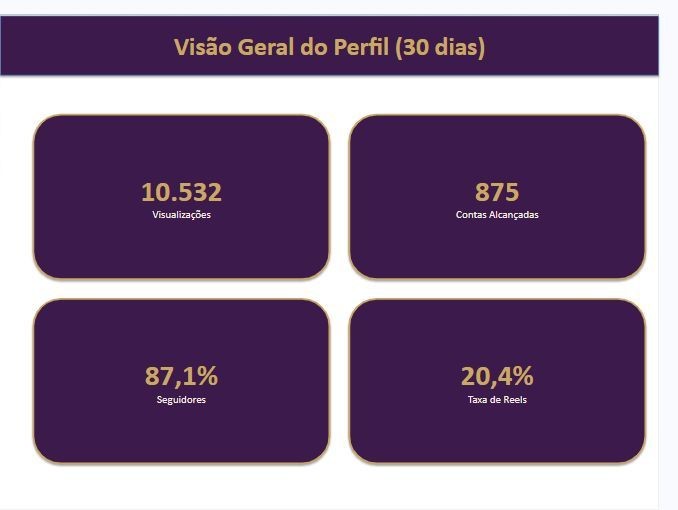 Painel de métricas do Instagram em 30 dias mostrando 10.532 visualizações, 875 contas alcançadas, 87,1% de seguidores e 20,4% de taxa de Reels