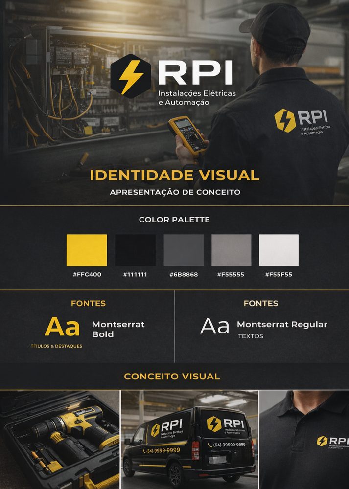Apresentação de identidade visual da RPI Instalações Elétricas e Automação: logo em hexágono com raio amarelo, paleta de amarelo e grafite com códigos hexadecimais, tipografia Montserrat e aplicações em uniforme, van e ferramentas