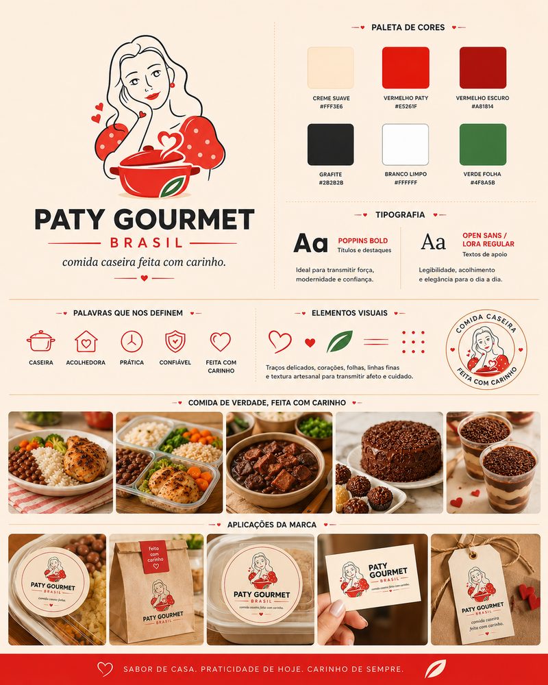Brand board completo da Paty Gourmet Brasil criado pela Social Media Reis: logo com personagem, paleta de cores com códigos hexadecimais, tipografia Poppins e Open Sans, palavras-chave da marca, elementos visuais e aplicações em embalagem, sacola e etiqueta